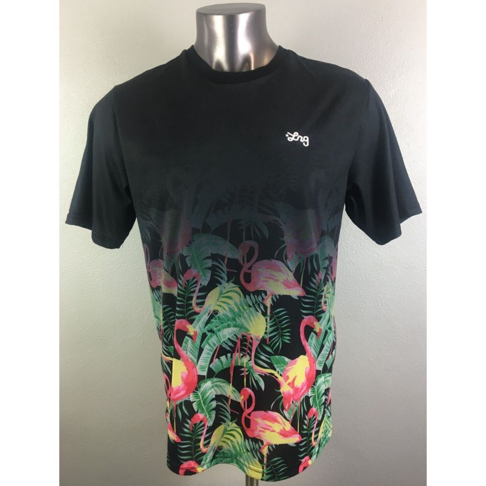 LRG Mens T Shirt Black Floral Flamingo Size L Polyester Short Sleeve Tee Lifted